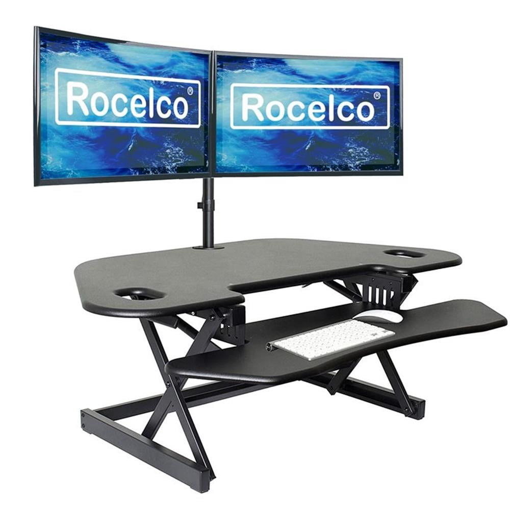 Pemberly Row Adj Corner Standing Desk Converter Dual Monitor Arm Bundle Black
