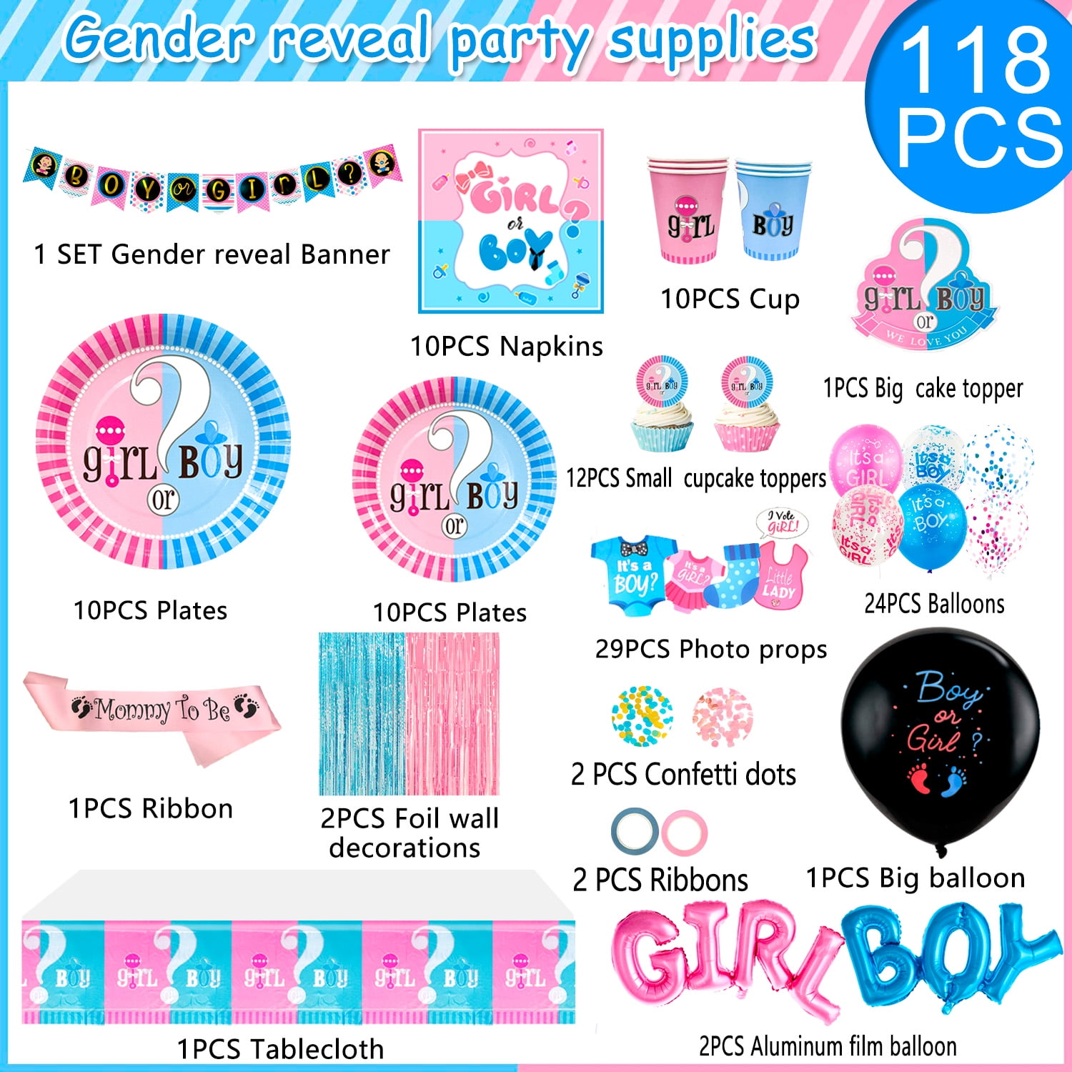 118PCS Baby Gender Reveal Party Supplies Gender Reveal Balloons Boy or Girl Banner, Mommy To Be Sash Baby Gender Reveal DecorationsDecorations Balloons Tablecloth Pennant Cutlery Set & Cupcake Topper