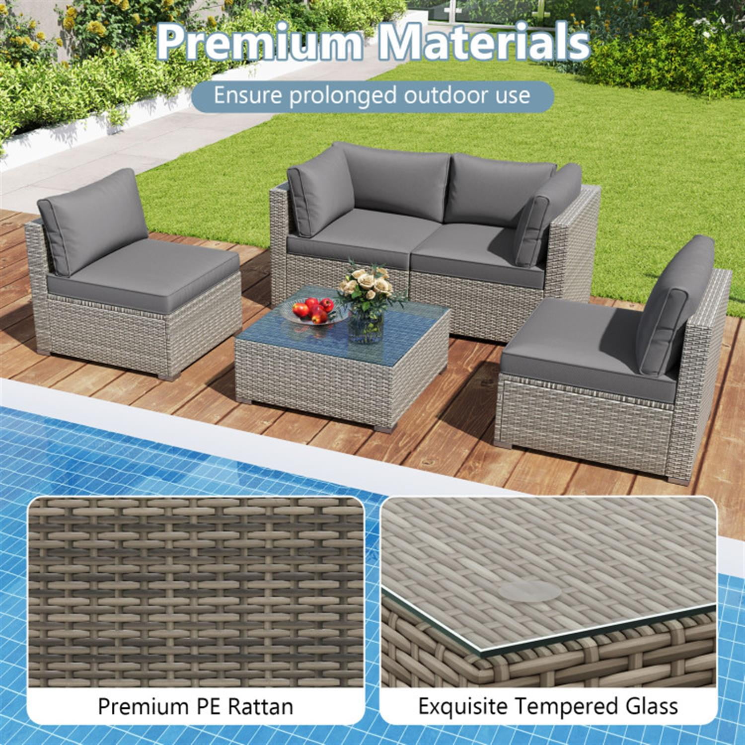 Demi Bonn 5-Piece Outdoor Patio Furniture Sets Sectional Sofa Couch and Glass Coffee Table with Cushions for Yard, Pool or Backyard, Gray