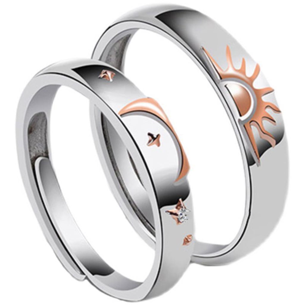 Romantic Gift For A Couple|heart-shaped Couple Rings Set - Silver Color Sun  & Moon Engagement Band