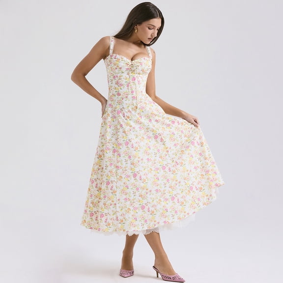 Women's Pink Floral Lace Trim Spaghetti Strap Midi Dress Sweetheart Corset Waist A‑Line Vintage Party Wedding Guest Dress