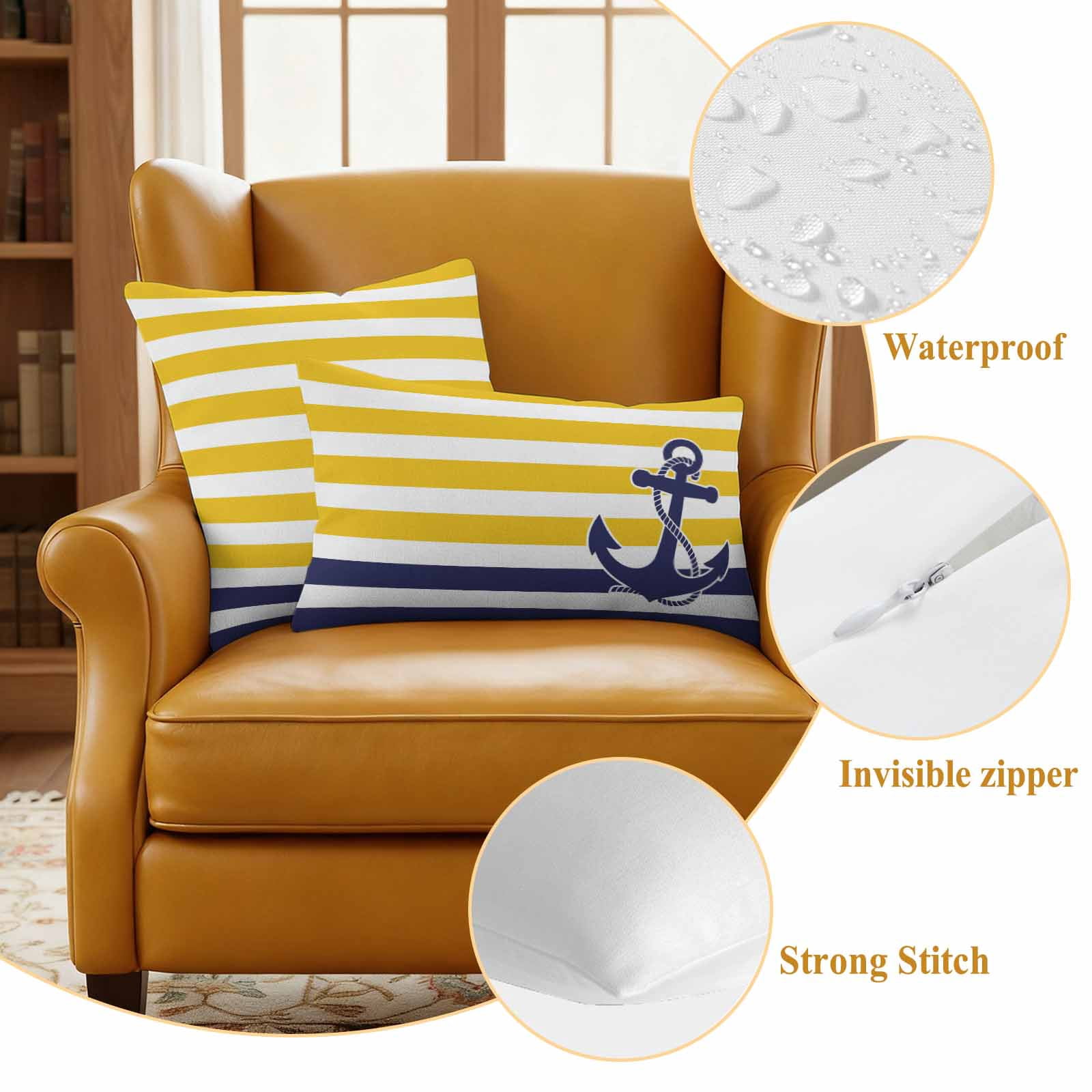 Pack of 2 Outdoor Pillow Covers 26x26 Inch Waterproof Yellow Striped Throw Pillow Covers,Decorative Couch Pillow Case Sham Navy Blue Nautical Anchor Geometric Patio Garden Pillowcases Cushion Covers