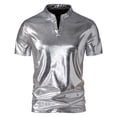 thumbnail image 5 of XIAONU Men's Metallic Leather Short Sleeve Tees Mandarin Collar Slim Fit Tee Stretch Club Casual Shirts, 5 of 5