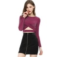 thumbnail image 2 of Allegra K Disfraz de Navidad para mujer Tops con purpurina Twist Manga larga Recortada en la parte delantera Slim Fit Crop Top Fushcia M, 2 of 6
