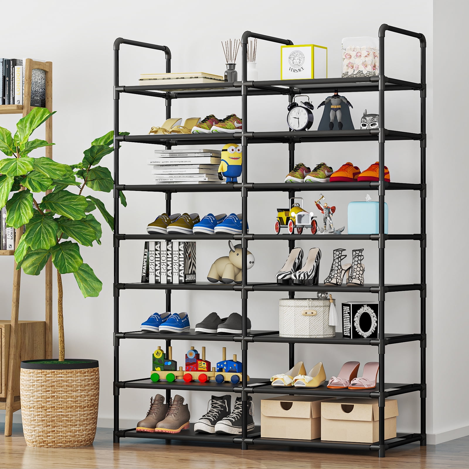 Seamika 8 Tier Shoe Rack Organizer,Metal Shoe Storage Non-Woven Fabric Sturdy Tall Shoe Shelf Bedroom Entryway, Black