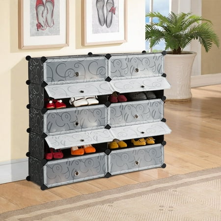 - LANGRIA 10-Cube DIY Shoe Rack, Storage Drawer Unit Multi Use Modular Organizer Plastic Cabinet with Doors, Black and White Curly Pattern