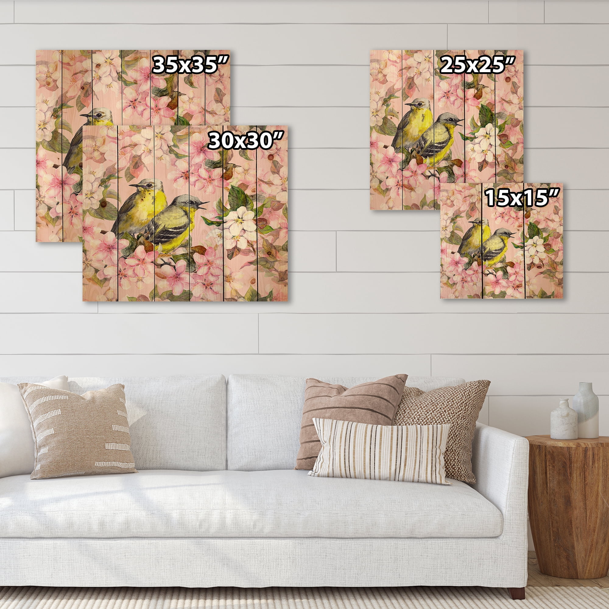 Designart 'Birds On Pink Cherry Sakura and Apple Flowers I' Traditional Print on Natural Pine Wood