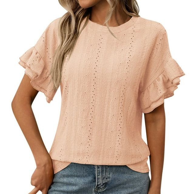 JAKANYQ T-Shirts pour Femmes T-Shirt à Manches Courtes à Volants Col Rond Couleur Unie pour l'Été