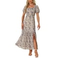 thumbnail image 2 of INSPIRE CHIC Women's Floral Patterned Smocked Square Neck Ruffle Swing Beach Boho Maxi Dress XS Beige Purple, 2 of 6