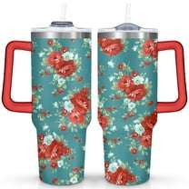 40oz Pioneer Colorful Floral Stainless Steel Flip Straw Tumbler with Lid and Straw Spill Proof Travel Cup Double Wall Vacuum Insulated Coffee Mug with Handle Red