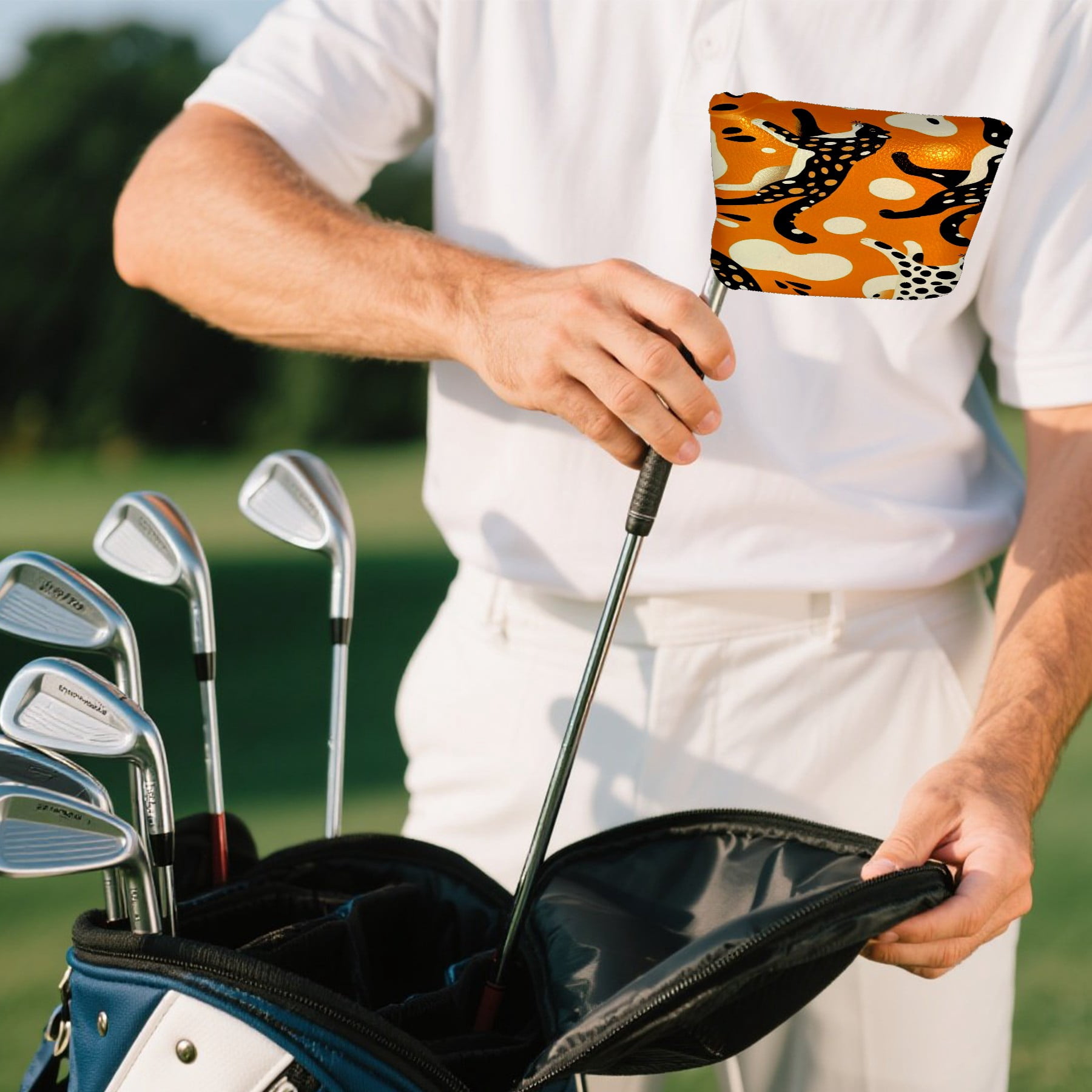 Orange Leopard Print Putter Cover, Waterproof PU Leather with Plush Velvet Lining, Unisex Golf Headcover