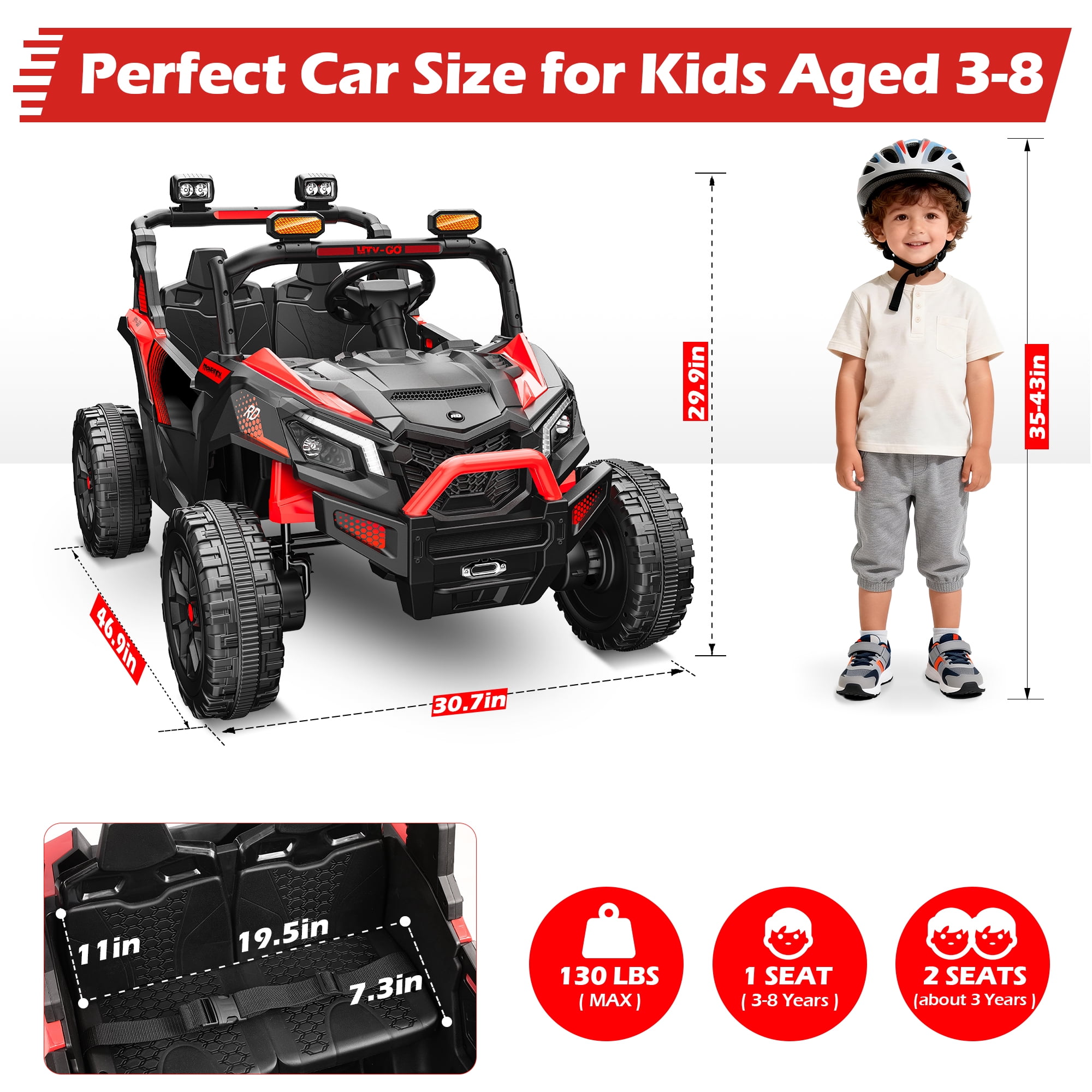 Wisairt 24V Ride on Toys 4WD Ride on Cars with Remote Control, 2 Seater Electric Car for Kids, Power Car Wheels, UTV w/ Four Motors, Music, LED Lights, Wireless Audio, 3 Speeds, Red