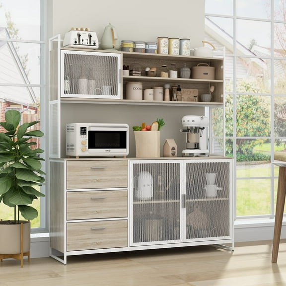 KULAGAGA Buffet Cabinet Sideboard, Microwave Storage Cabinet with 3 Storage Drawers, Hutch, Metal Mesh Door for Dining Room Kitchen, Oak