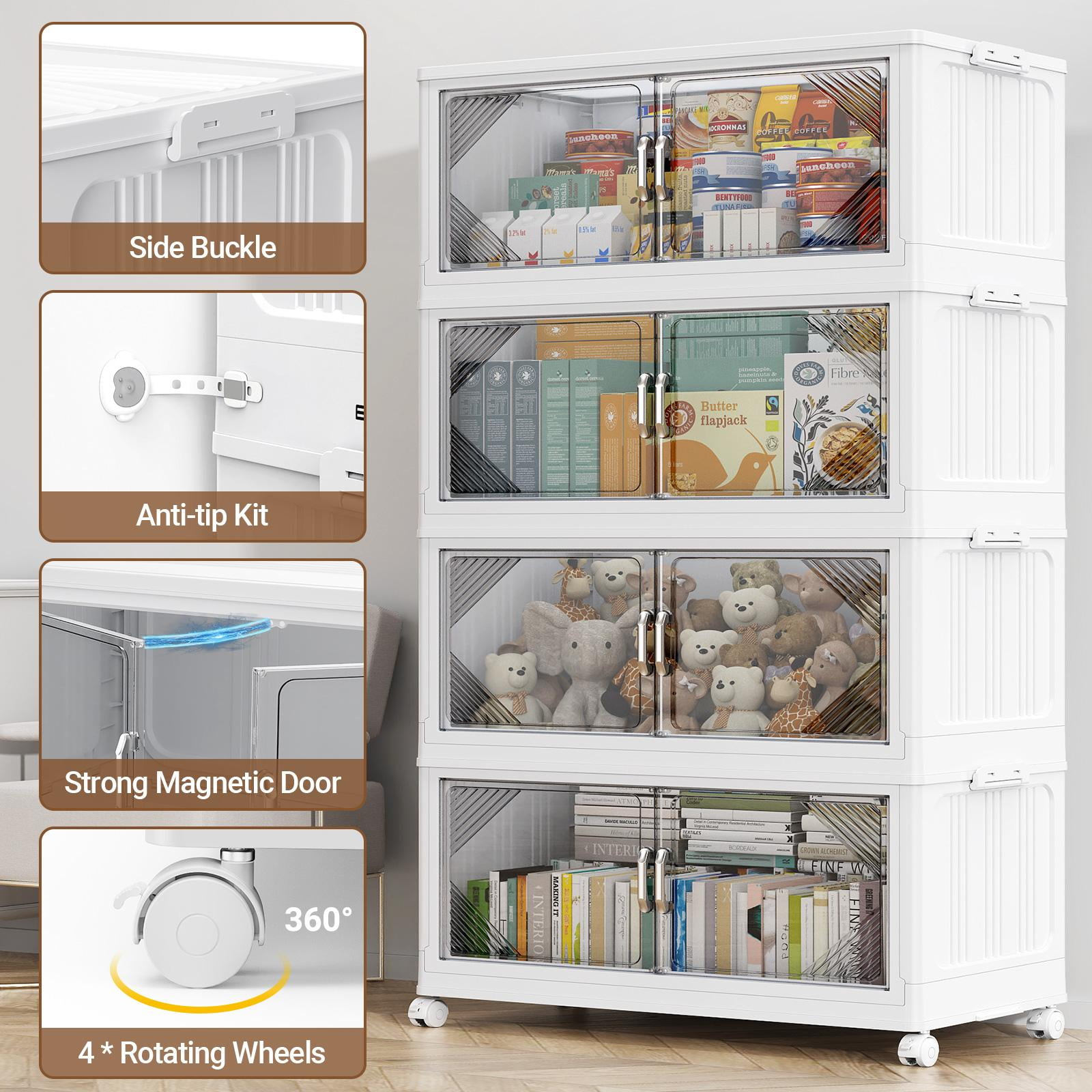 Broview V60 140Gal Extra Large Stackable Storage Bins with Lid, 560QT Plastic Containers With Drawers, Folding Closets with 6x Wheels, Collapsible Cabinets Organizers for Home Office, 4Pack White