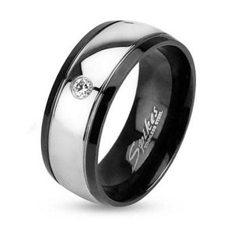 Inner Black IP Two Toned Stainless Steel Dome Ring 8mm Band w/Single CZ (SIZE: 9)