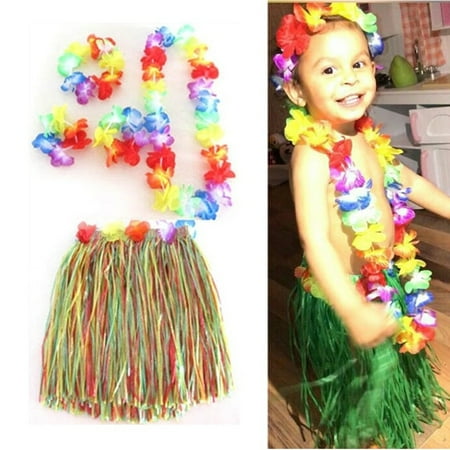 

MyBeauty Kids Hawaiian Grass Skirt Hairband Wristband Garland Set Performance Decors Green 40cm