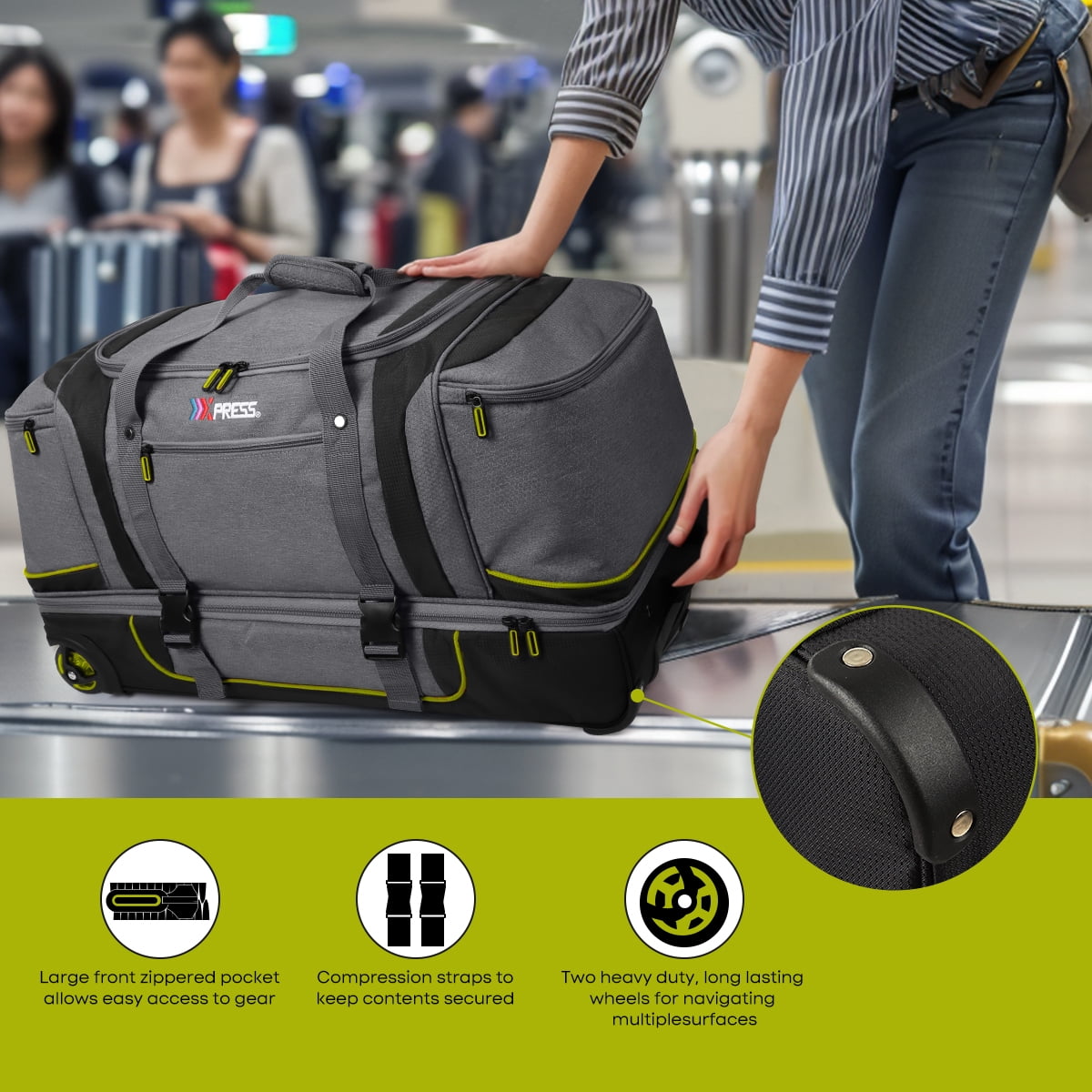 30 Inch Rolling Duffle Bag with Telescopic Handle, Wheeled Duffel Bag with Drop-Bottom,  Large Luggage Bags for Travel, Grey/Green, TBL074
