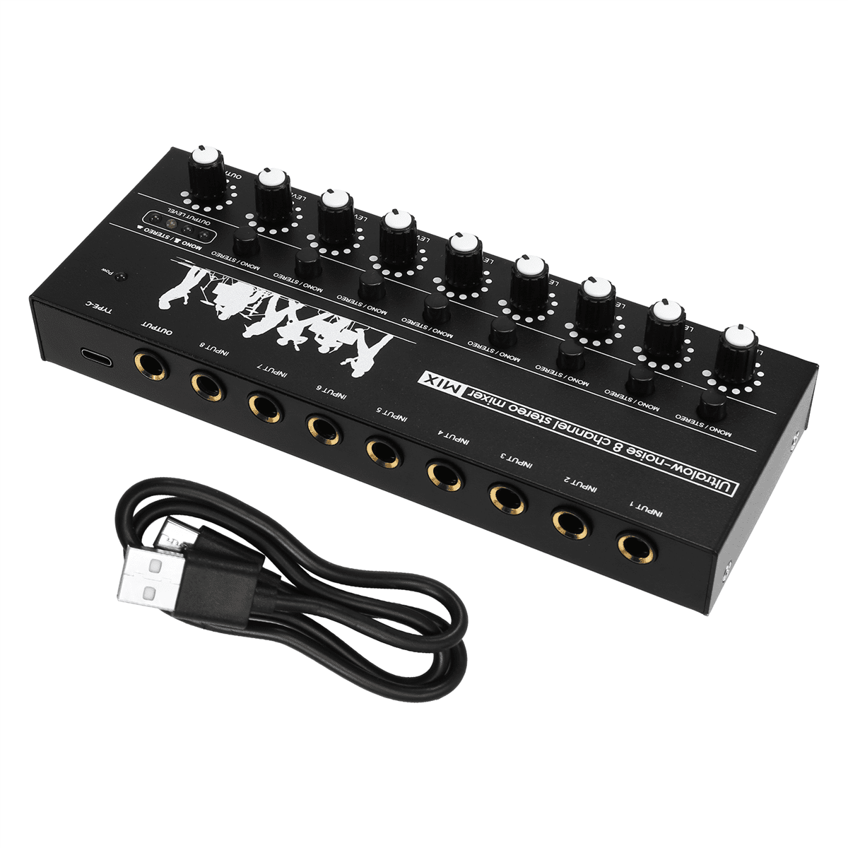 Professional 8-Channel Stereo Mixer Portable Sound Audio Mixer with Low-Noise Functionality for Recording Instruments,1 * Mixer 1 * Type-C Cable,Black