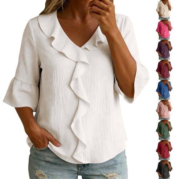 WULMLEO Womens Spring Tops Ruffle V Neck Blouse Summer Shirts for Women Casual Loose Fit Lightweight Design White M