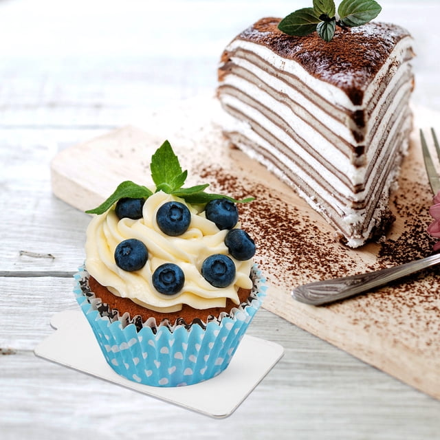 AURARMLET 100Pcs Paper Cupcake Dessert Displays Tray Silver High-end Design Rectangular Cake Board Rounds for Bakers