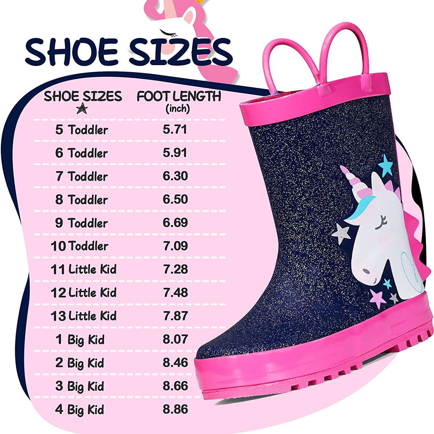 Kushyshoo Rubber Kids Rain Boots Navy Unicorn Rain Boots for Toddler Girls Sizes 6