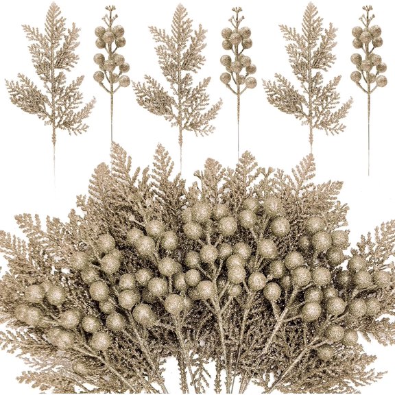 24 Pieces Christmas Tree Decorations - 12pcs Artificial Glitter Berries Stems and 12pcs Glitter Cedar Leaves for Christmas Tree Decor Wreath Making Vase Filler DIY Crafts