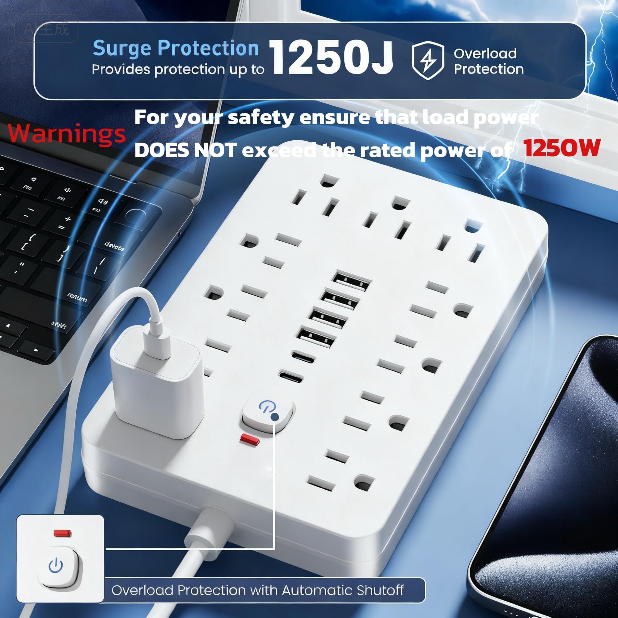 JOGGEIL 10 FT Flat Plug Surge Protector Power Strip,11 Multiple AC Outlets with 6 USB Ports , 10 Feet Extension Cord, 1250W/10A, One Touch Switch Button,17 in 1 Compact powerstrip