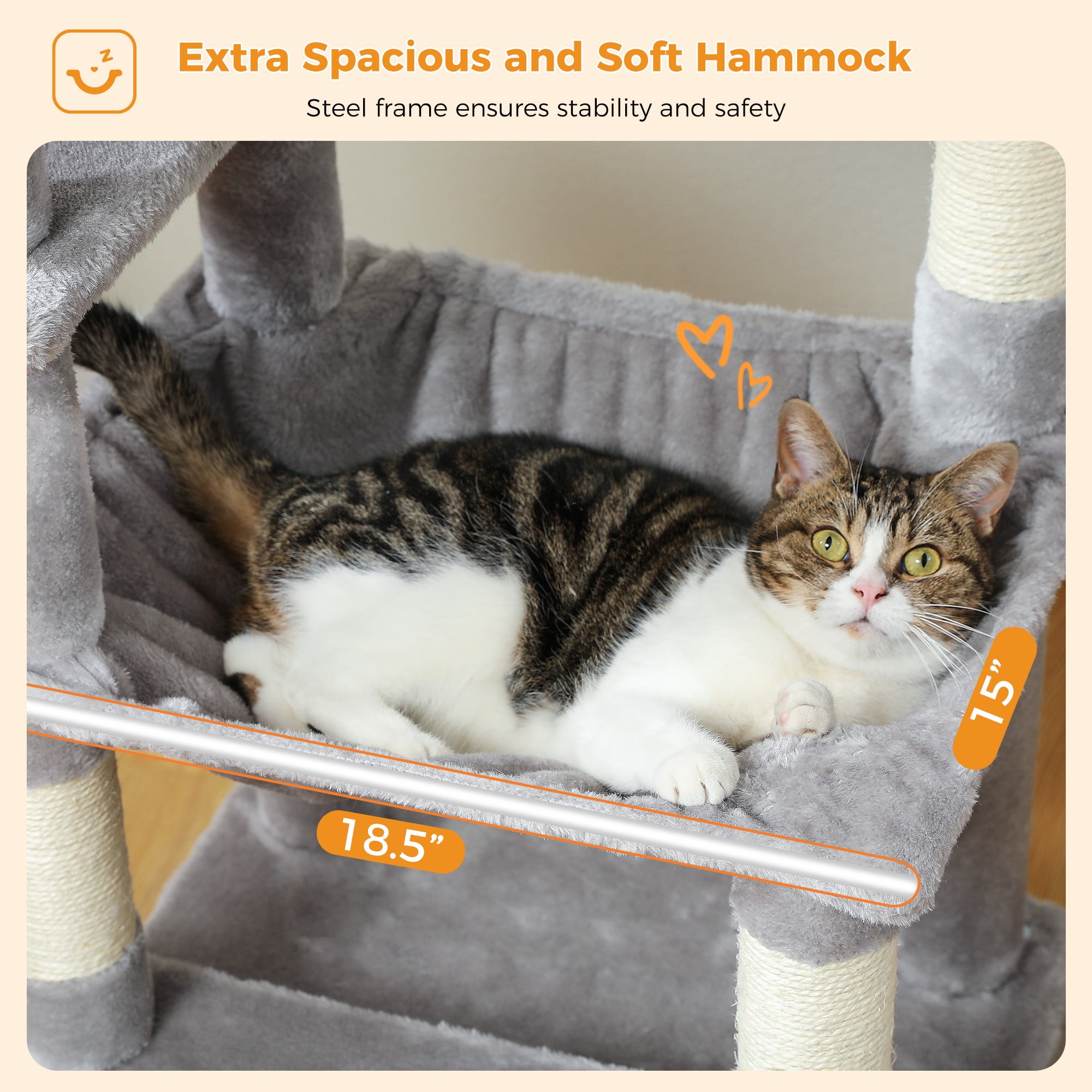 Kadyn 64" Modern Cat Tree Tower for Indoor Cats, Cat Condo with Sisal Scratching Post, Hammock and Top Perch, Gray