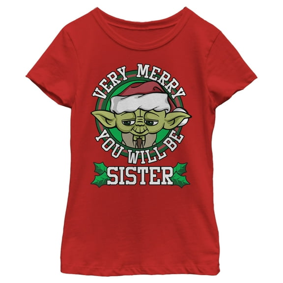 Girl's Star Wars Yoda Very Merry Sister  Graphic Tee Red Medium