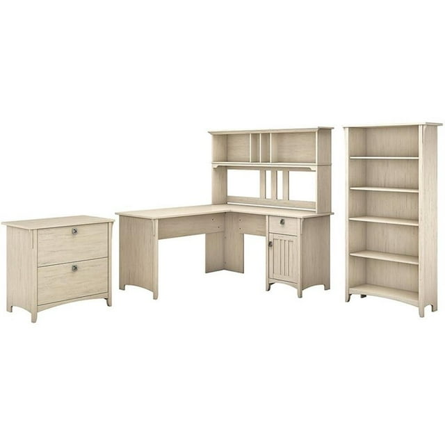 Pemberly Row Bureau en Bois en Forme de L avec Hutch et Rangement en Blanc Antique