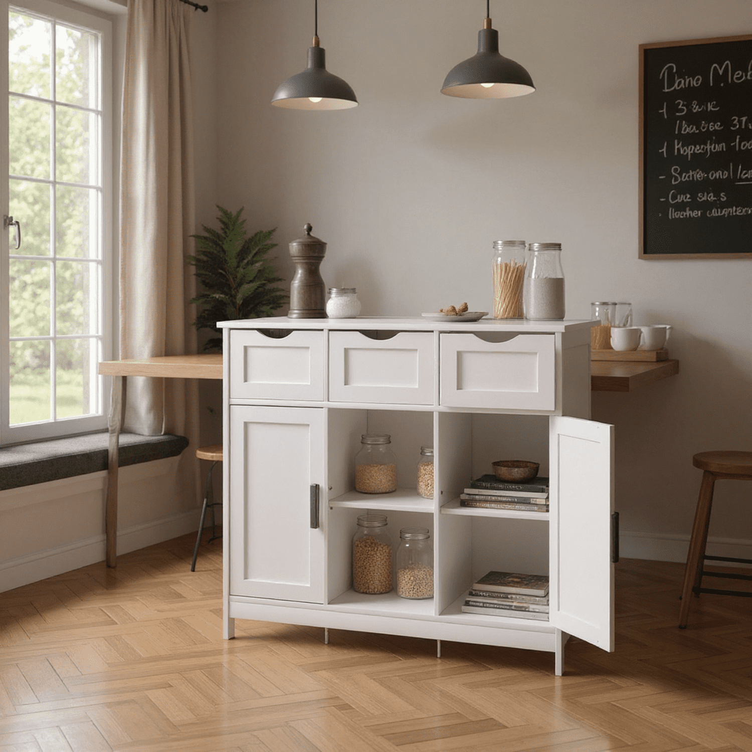 Homy Casa White Storage Sideboard with 3 Drawers & Adjustable Shelves