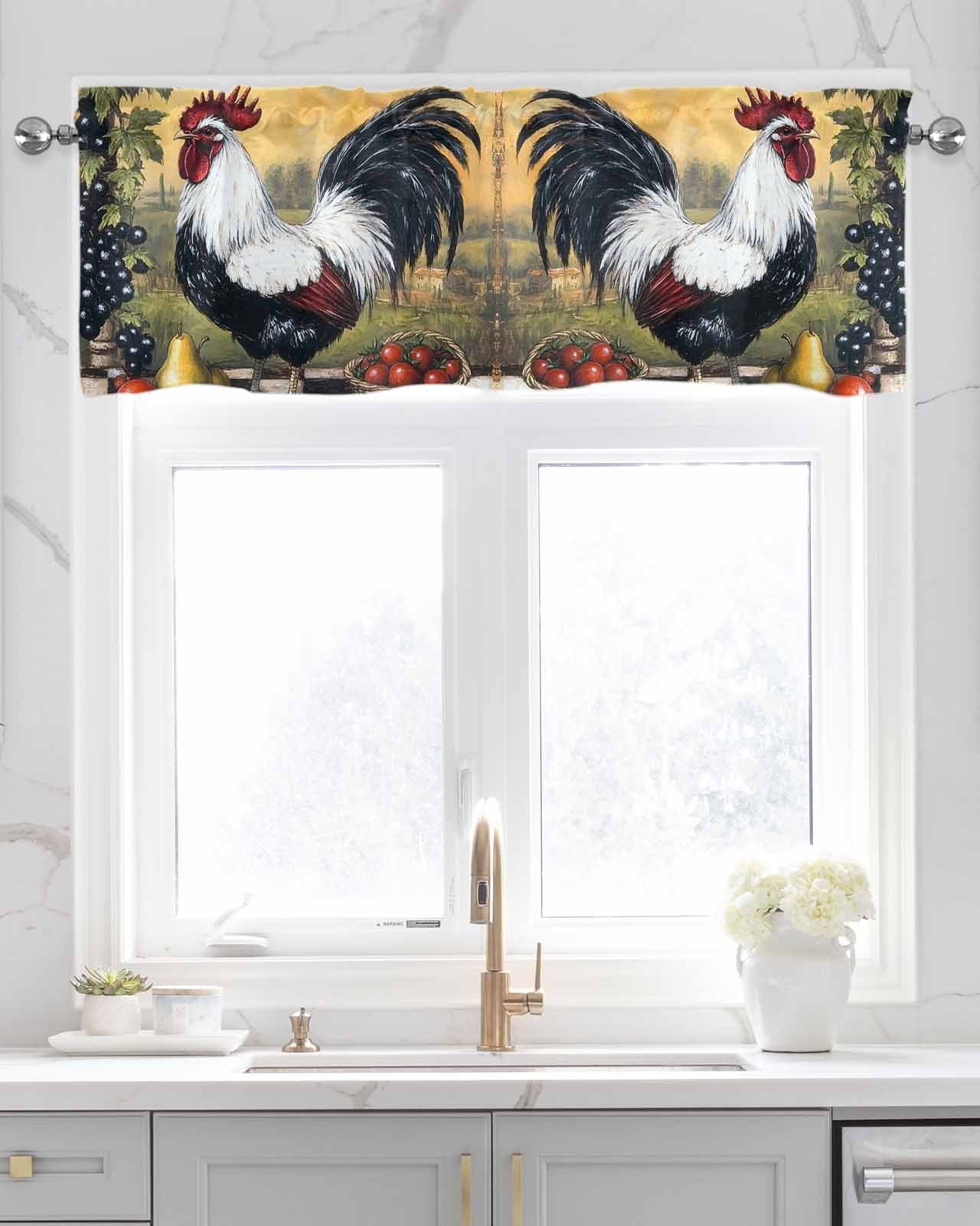 Black White Vintage Rooster Kitchen Valances for Windows Farmhouse Linen Window Valance Curtain for Living Room Window Treatment Pastoral Animals Watercolor Valance Rod Pocket Topper, 60 x 18 Inch