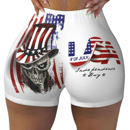 Workout Shorts Women  Patriotic Skull Art Biker Shorts for Women Running Gym Spandex Shorts Tummy Control