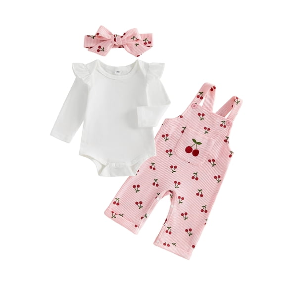 Loicainy Infant Baby Girl Fall Clothes Set 3 6 9 12 18 Months Long Sleeve Romper with Cherry Print Overalls Headband Outfits