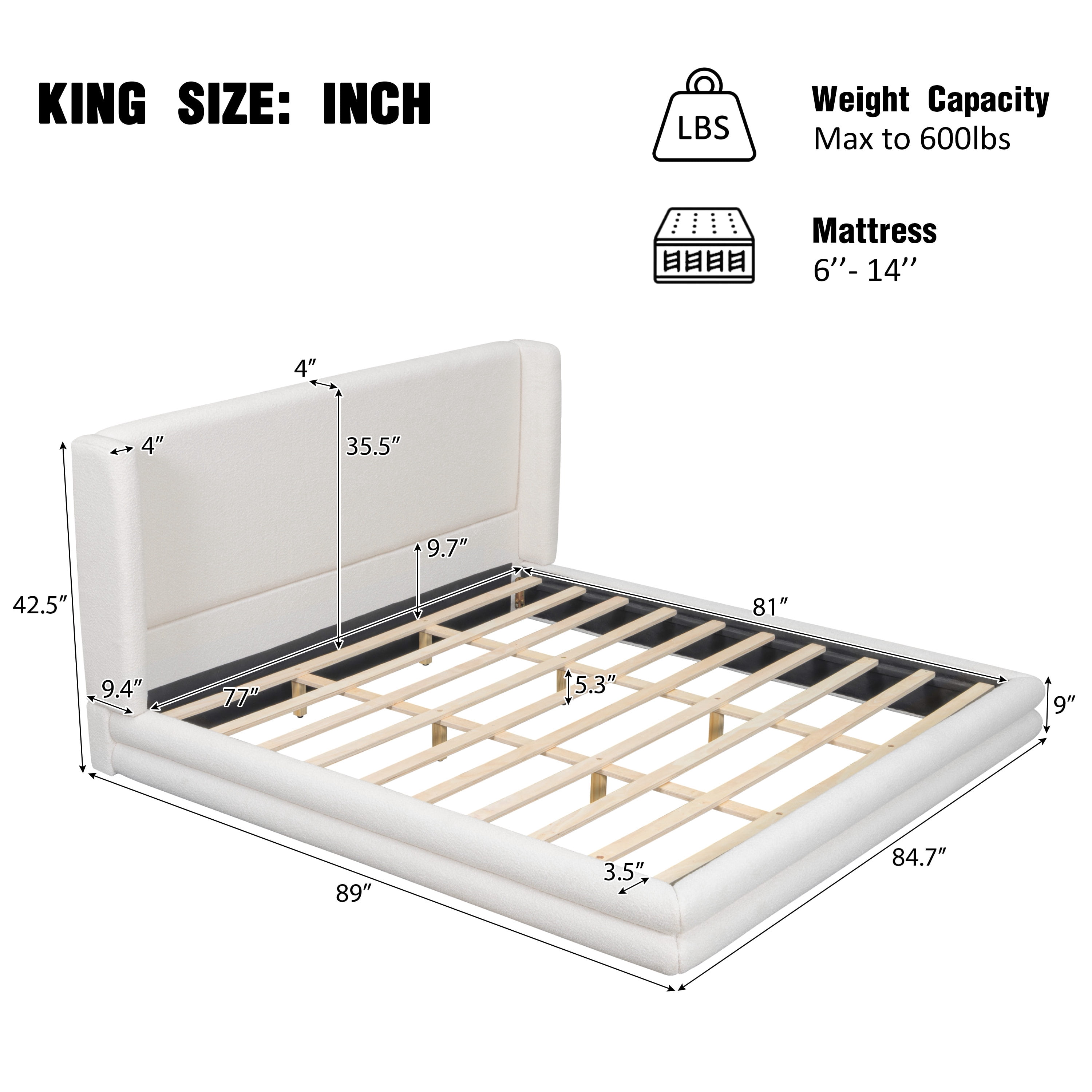 King Size Upholstered Bed Frame with Boucle Thick Wingback Headboard, Platform Bed with Wood Slats for Bedroom, White