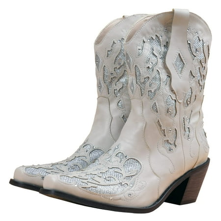 

Women Glitter Inlay Crystals Cowgirl Boots Ankle Square Toe Chunky Heel Western Short Boots(9)