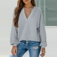thumbnail image 3 of WTOBBY Women's Long Sleeve V-Neck Casual Knit Top - Solid Color Waffle Texture Everyday Wear Spring Fall Fashion Tunic Blouse for Women, Stylish Comfort Stretch Fabric,Gray S, 3 of 6