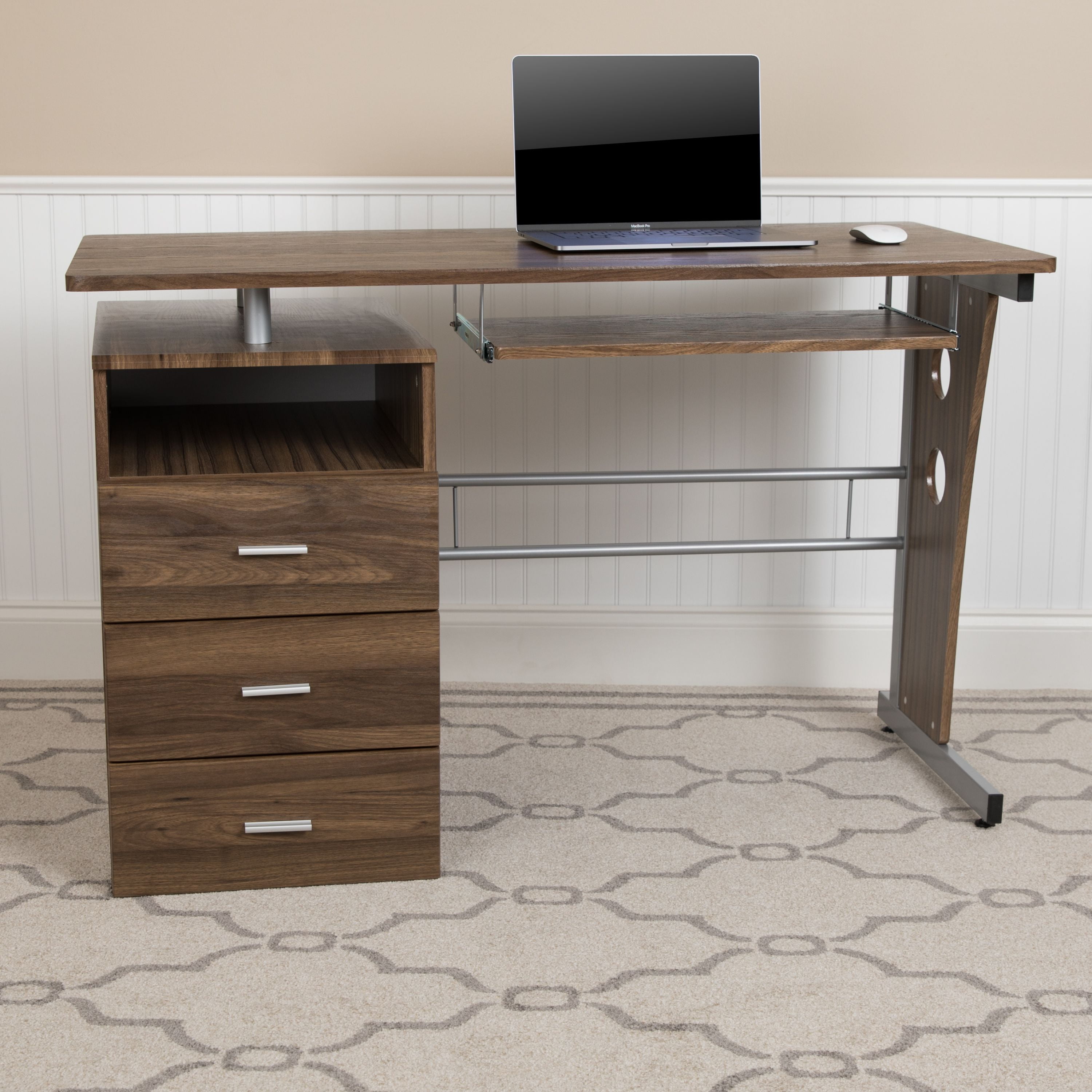 Flash Furniture Rustic Walnut Desk With Three Drawer Pedestal And