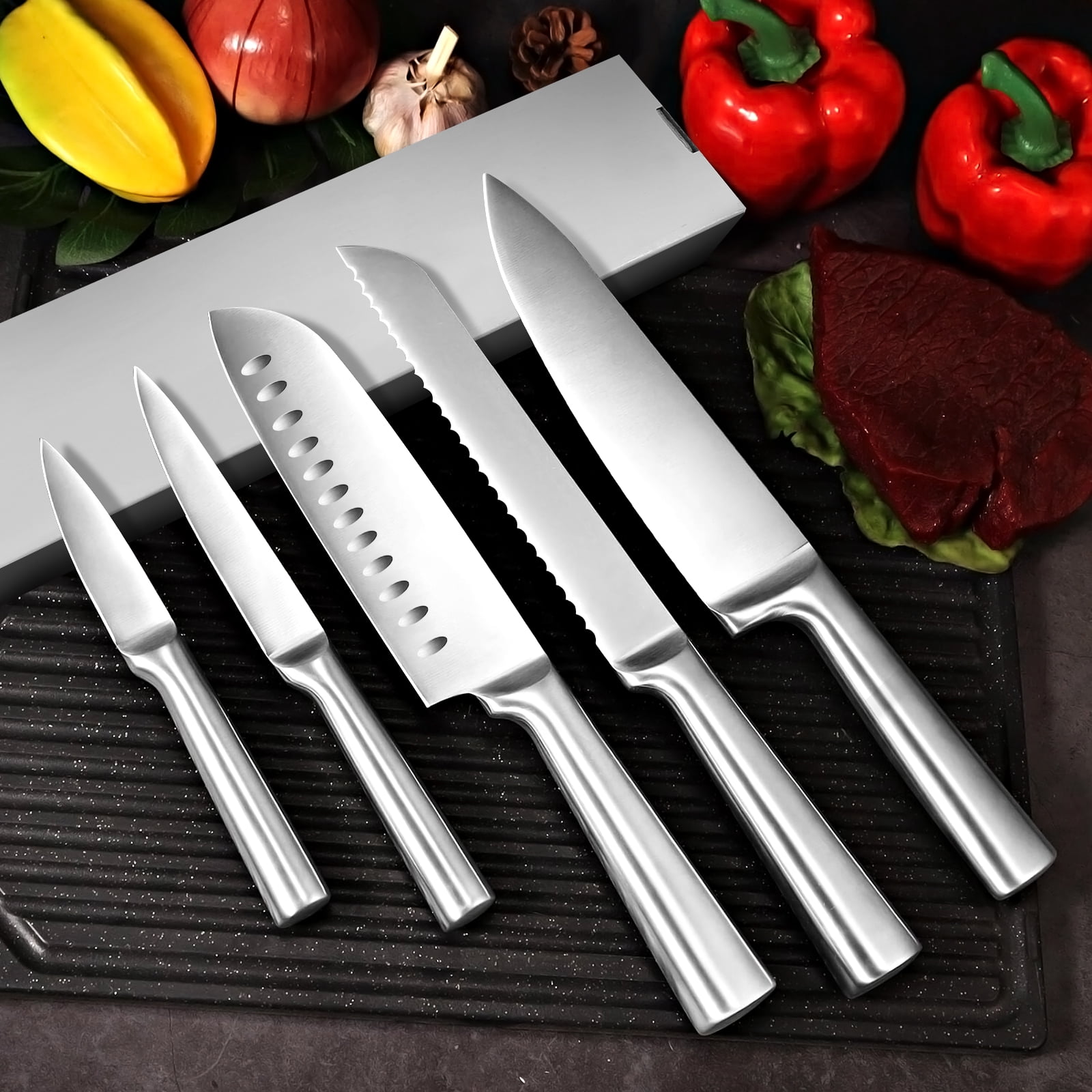 Badiano 5 Pcs Home Kitchen Sharp Knife Set,8" Chef,8" Bread,7" Santoku,5" Utility,3.5" Paring,Silver