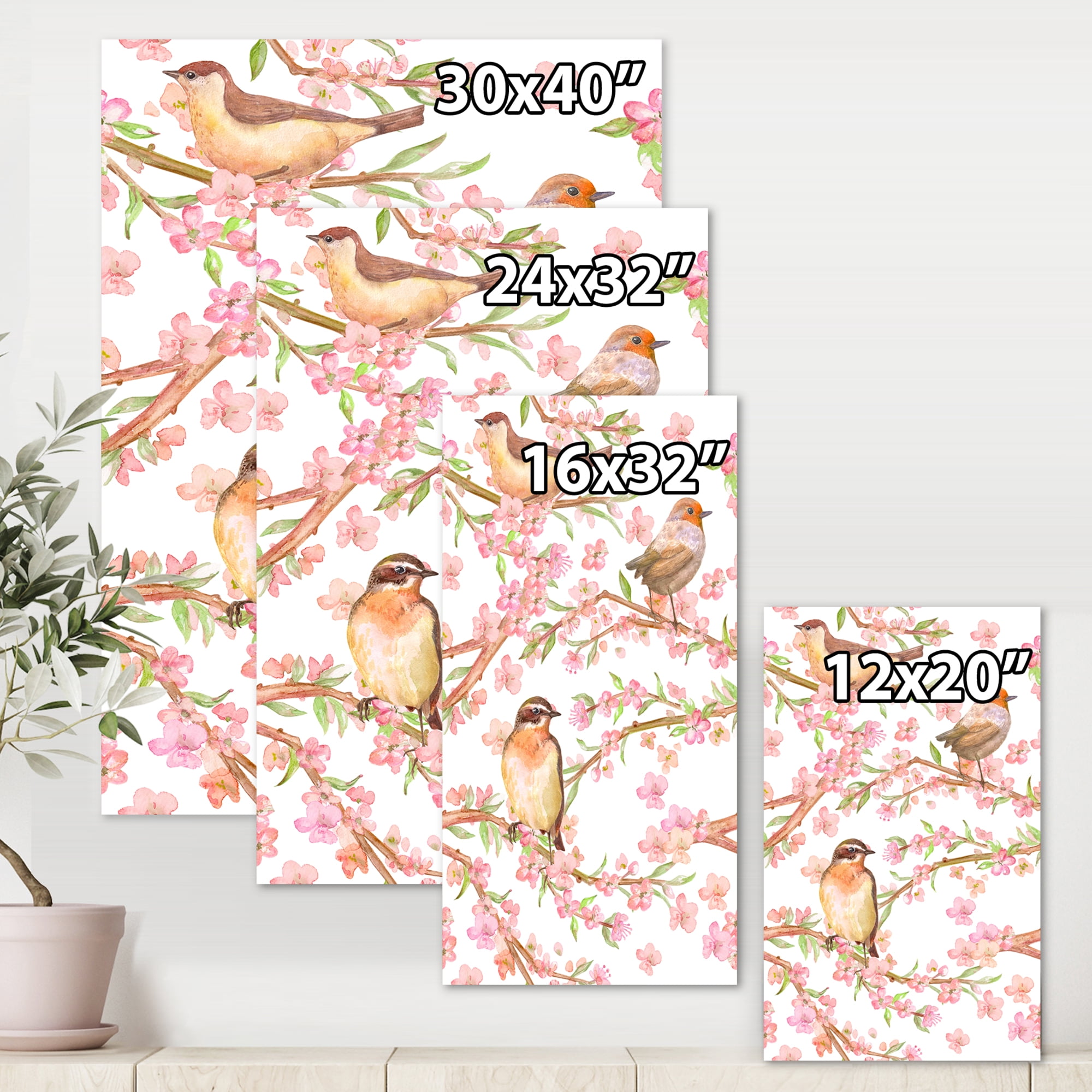 Designart ' Lovely Birds On Branches Of Flowering Almond ' Traditional Canvas Wall Art Print