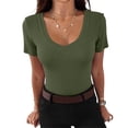thumbnail image 2 of Women Short Sleeve V Neck Ribbed Knit Fitted Shirts, Basic Tees Tops 2026 Summer Casual T-Shirts Going Out Outfits, Summer Casual T-Shirts Going Out Outfits Army Green L, 2 of 7