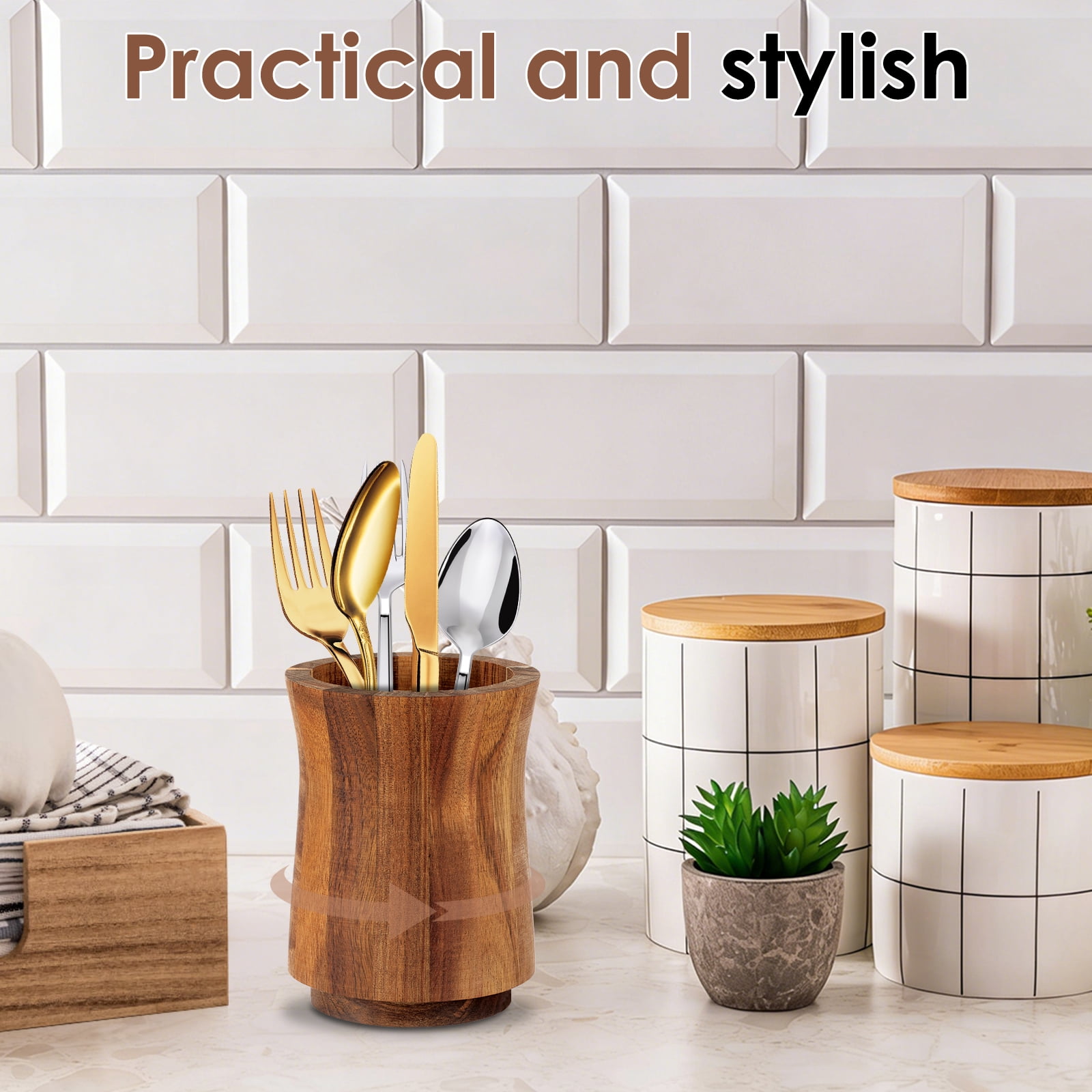 NUAHRHY 5.83" Utensil Holder, 360° Rotating Cooking Utensil Crock for Countertop, Acacia Wood Cooking Tool Organizer for Kitchen Counter Spatula Storage, Natural Kitchen Decor