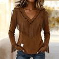 thumbnail image 2 of Yaruuzi Western Shirts for Women 2026 Vintage Long Sleeve Suede Cowgirl Shirts Plus Size Casual Spring Fringe Tops Blouses Boho Western Outfits for Women Slim Fit V Neck Shirts Brown S, 2 of 9