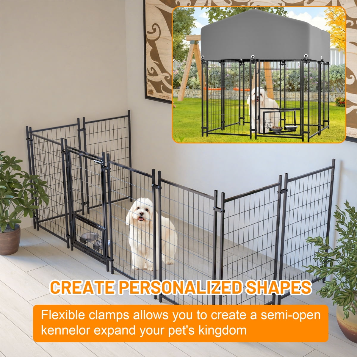 LuckyNote Outdoor Dog Kennel 4.23'x3.83'x4.83' with Roof, Heavy Duty Welded Wire Crate, All-Weather Protection & Safe Lock, Grey