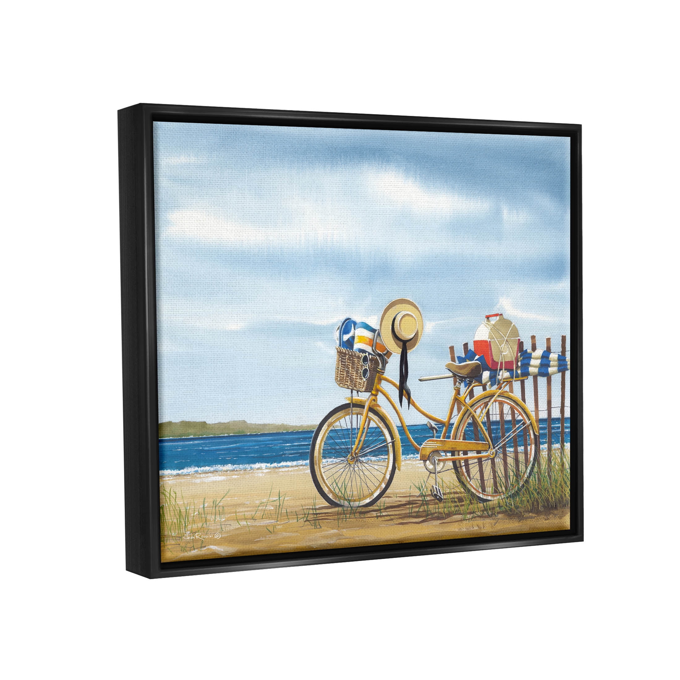 Summer Bike Beach Day Waves Coastal Painting Jet Black Framed Art Print Wall Art