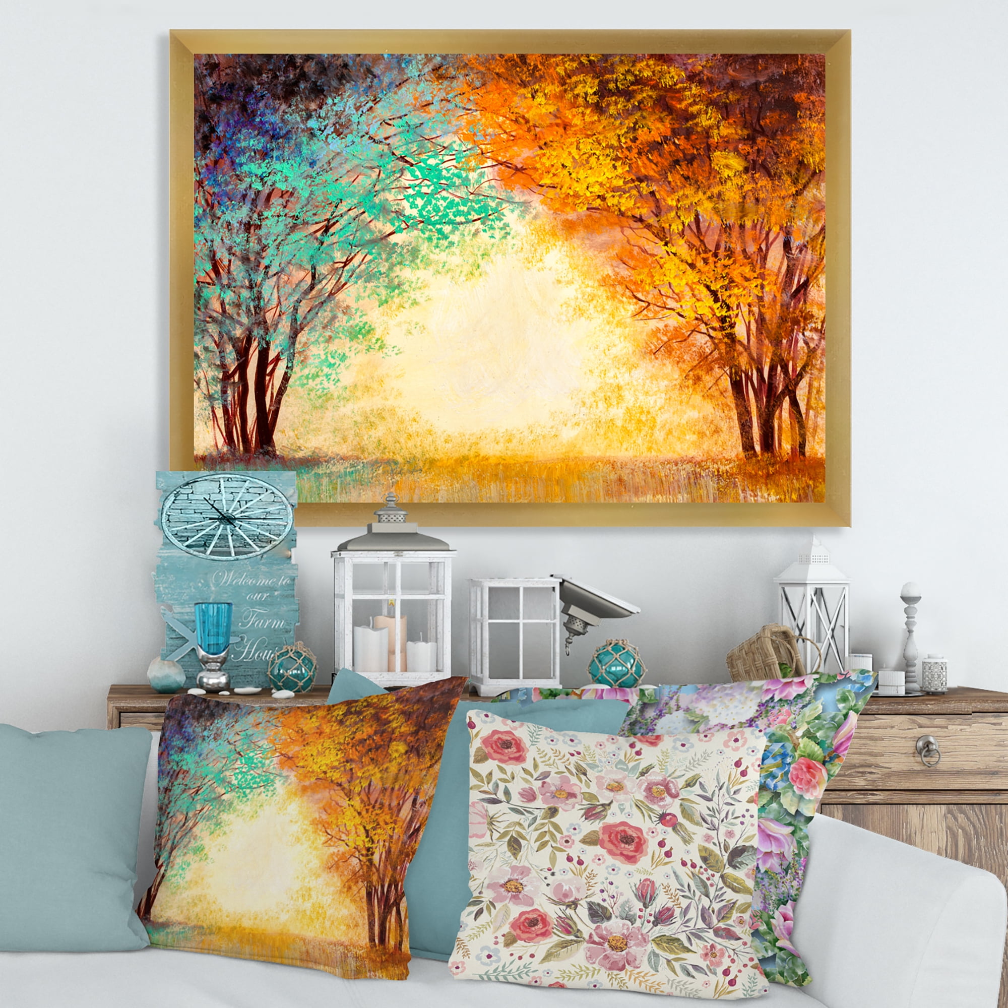 Designart 'Alley Through The Turquise Park In Autumn Sunset ' Traditional Framed Art Print