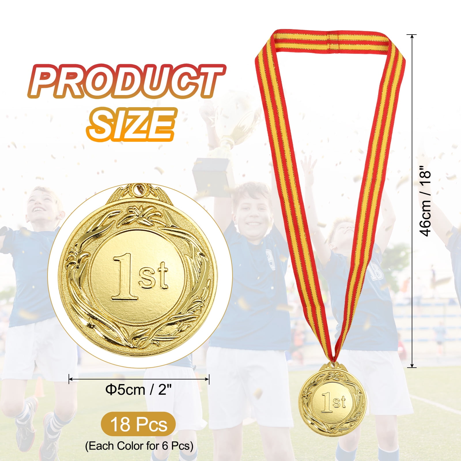 Uxcell 2 Inch Gold Silver Bronze Prizes Award Medals Metal Winner Medals 1st 2ed 3rd Place with Neck Ribbon for Sports Games Party Favors 18 Pieces