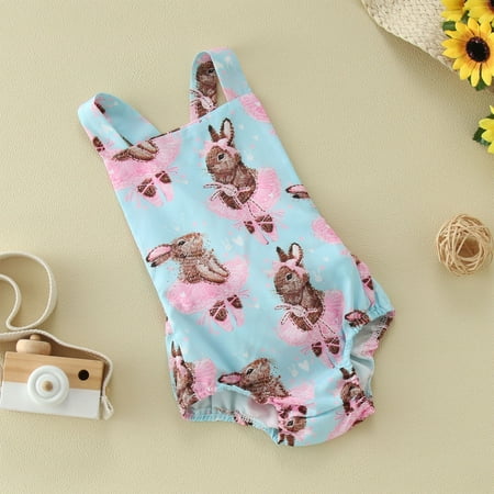 

NIUREDLTD 0-18M Kids Baby Girls Easter Rabbit Printed Strap Romper Jumsuit