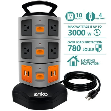 Power Strip Tower, ANKO 3000W 13A 16AWG Surge Protector Electric Charging Station, 10 Outlet Plugs with 4 USB Slot 6ft Cord Wire Extension Universal Charging Station (Best Power Strip With Usb)