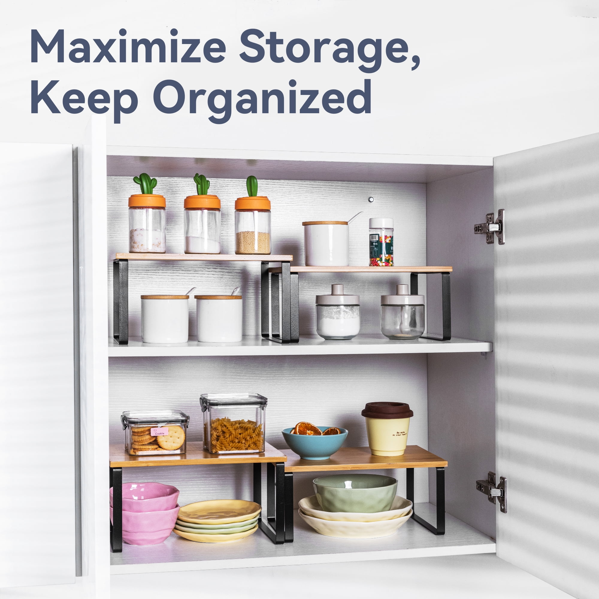 VUSIGN Cabinet Organizer Shelf, 4 Sets Kitchen Counter Shelves, Stackable Expandable Spice Rack,Cloud White and Natural Beige
